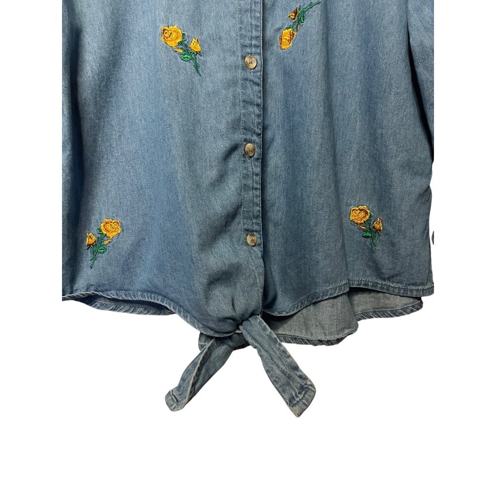VTG Harper Heritage Women XL Denim Shirt Yellow Rose Embroidery Asymmetrical Hem - Picture 10 of 16